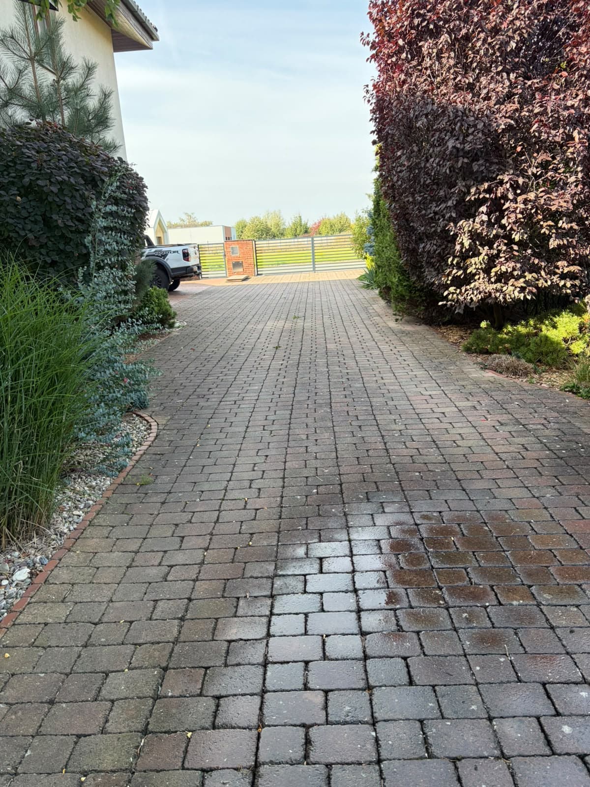 Block-paved driveway before cleaning — a darkened surface full of deposits